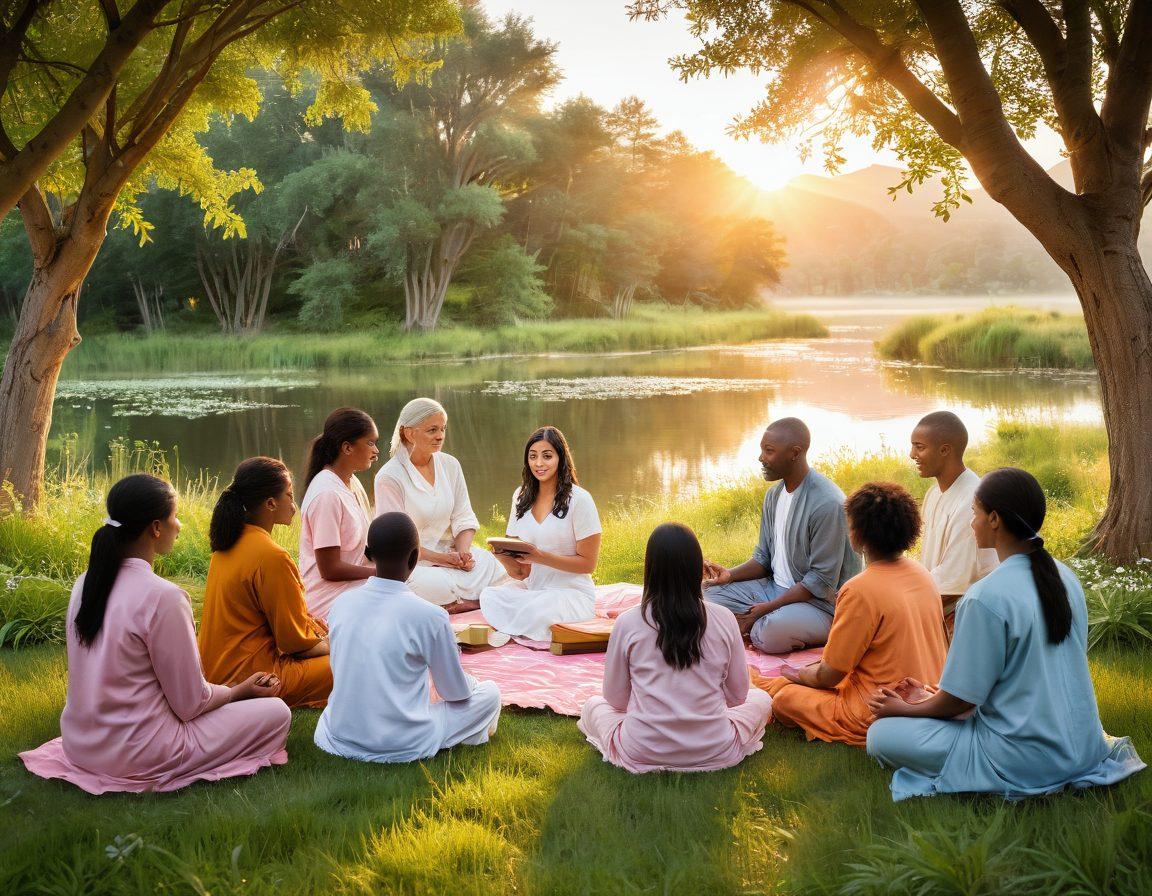 A serene setting depicting individuals of diverse backgrounds engaging in a circle of dialogue, surrounded by nature. Include symbols of faith, such as a Bible and prayer hands, alongside vibrant LDS resources like books and pamphlets. Emphasize a spirit of unity and support with warm lighting and a peaceful atmosphere. Include a backdrop of a soft sunrise to symbolize hope and new beginnings. super-realistic. vibrant colors. nature-inspired.