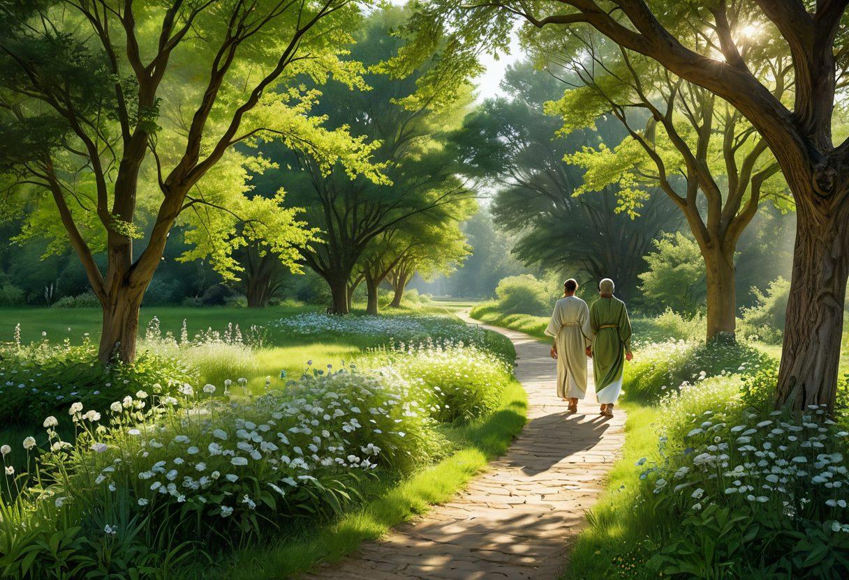 A serene pathway winding through a lush green landscape, symbolizing a spiritual journey. Include figures of diverse individuals, dressed in modest clothing, walking together while sharing moments of reflection and support. Soft rays of sunlight filtering through the trees, creating a peaceful ambiance. Add elements like blossoming flowers and gentle streams to enhance the sense of tranquility. painting. vibrant colors.